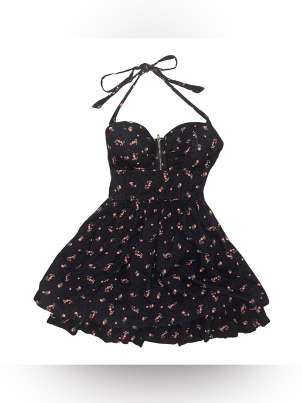 Guess Black Dress with Small Pink and Coral Micro Floral Print Milkmaid Sundress